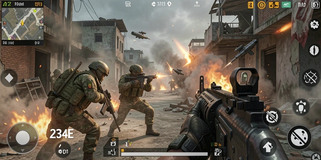 Screenshot utama 234E menampilkan aksi pertempuran FPS yang mendebarkan.