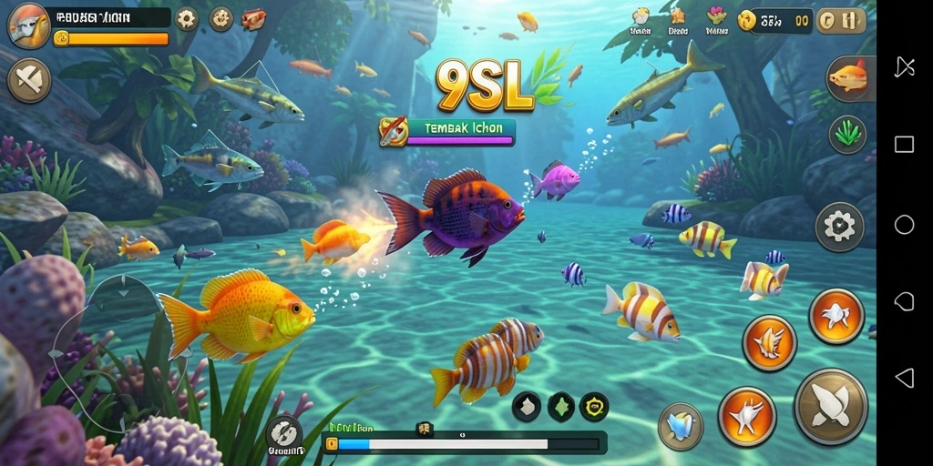 Screenshot gameplay 9SL dengan aksi menembak ikan yang cepat.