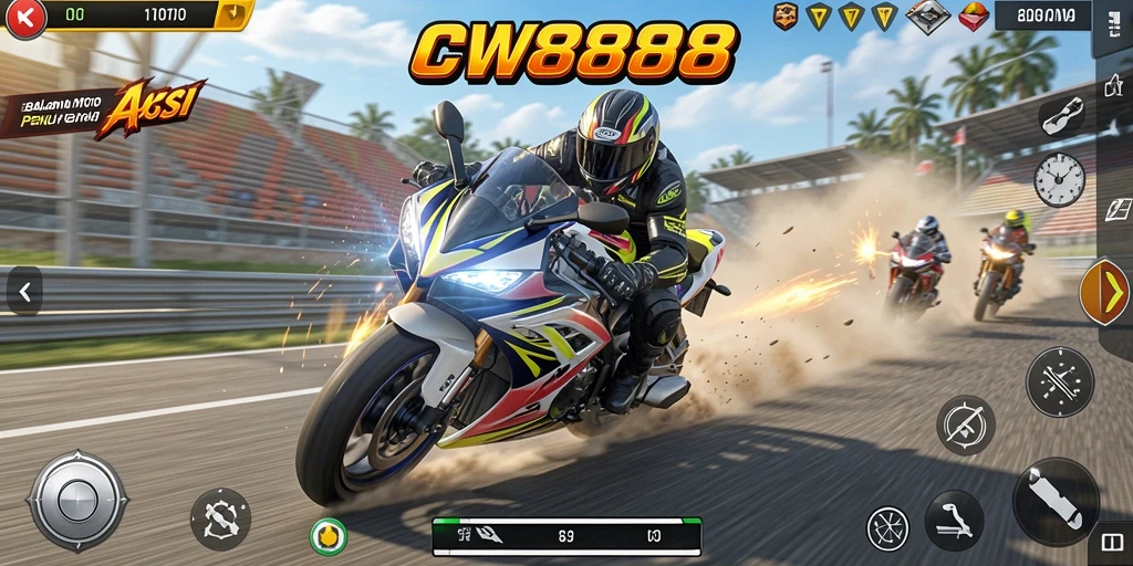 Screenshot gameplay CW8888 menampilkan aksi balapan motor yang seru.