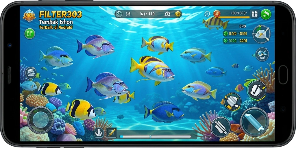 Tampilan gameplay seru di FILTER303 saat menembak ikan.