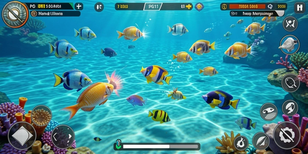 Tampilan gameplay seru di PG11 dengan ikan yang beraneka warna.