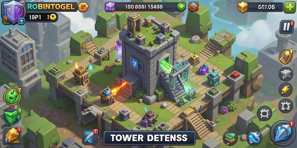 Tangkapan layar gameplay <strong>ROBINTOGEL</strong> menampilkan pertarungan seru Tower Defense.