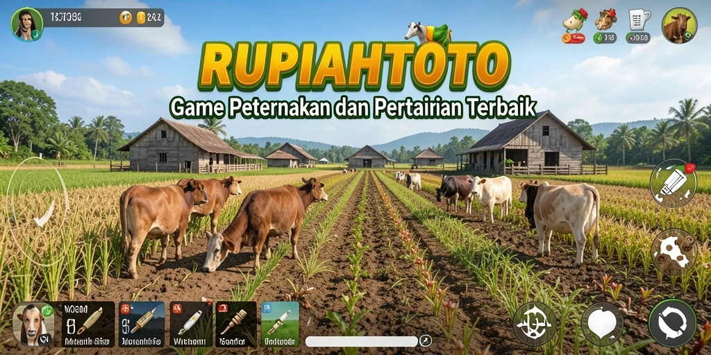 Screenshot gameplay RUPIAHTOTO menampilkan ladang yang subur dan hewan ternak.